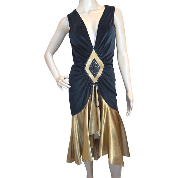 Vintage Roaring 20's Flapper Great Gatsby Black Velvet Gold Dress SZ XS Cosplay - Picture 2 of 16